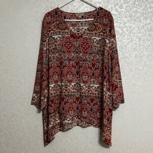 One World Women's Red‎ Paisley Print V-neck Tunic Top Asymmetrical Hem Blouse L